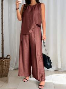 EMERY ROSE 大码女式纯色圆领吊带背心和阔腿裤两件套休闲套装