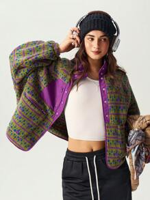 VARSITIE High Collar, Pockets, Long Sleeves, Printed Plush, Contrasting Colors, Loose And Casual Women Outdoor Jackets