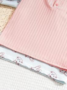 Seturi de 4 bucăți pentru nou-născuți fetițe, top cu mâneci lungi din catifea groasă cu nervuri și pantaloni pentru acasă, cu imprimare iepure - Multicolor - Vizualizare 3