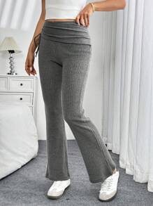 SHEIN LUNE Women's Thickened Flared Pants With Drawstring Waist, Grey, Winter/Spring - Grey - View 6