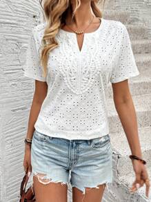 EMERY ROSE Women's Solid Lace Lantern Sleeve Crew Neck Top, Elegant For Workday And Everyday Wear