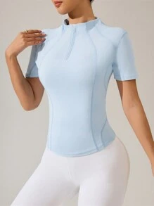 Sovereign Charm 浅蓝色瑜伽修身半拉链短袖运动卫衣 - 藍色 - 查看 2