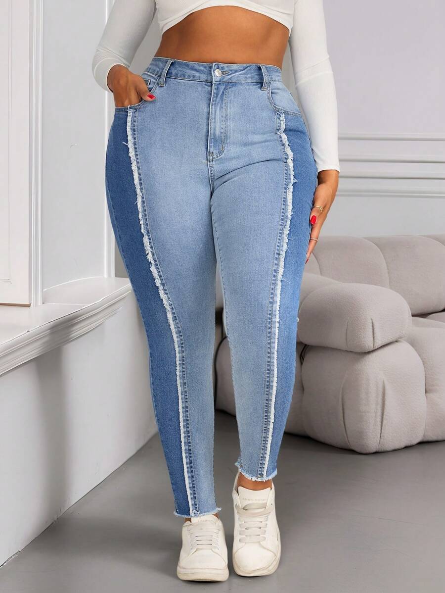 SHEIN SXY 大码女式弹力破洞紧身牛仔裤