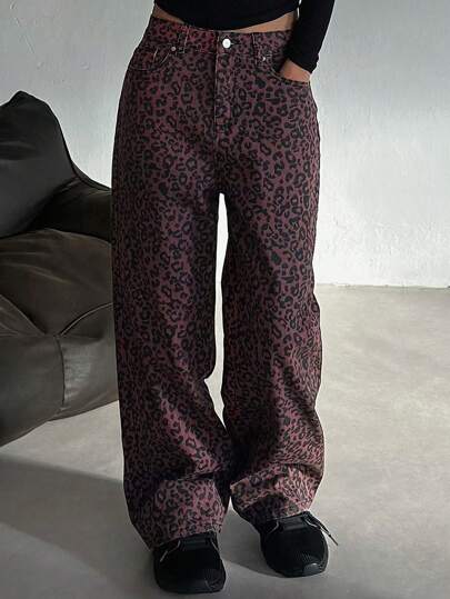 DAZY 春季女士宽松休闲豹纹牛仔裤猎豹印花