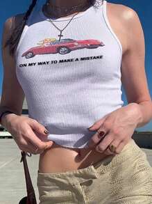 SHEIN Bubbli Women Cute Cat Printed Slim Fit Cropped Tank Top For Summer Graphic Tees Women Tops - White - View 3