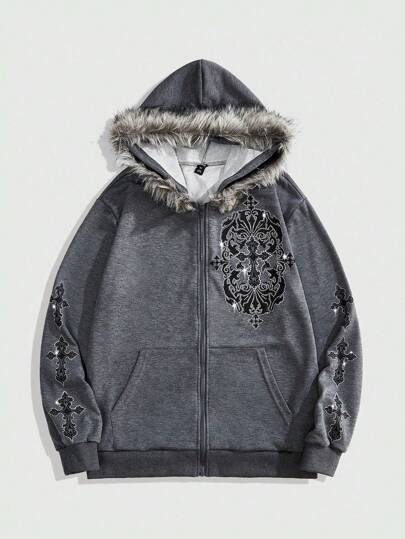 Goth Jersey con capucha de parche con estampado de cruz suave para hombres, para el otoño