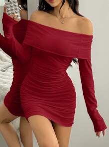 Muchica Women Solid Color Long Sleeve Red Fitted Off Shoulder Ruched Midi Dress - Red - View 4