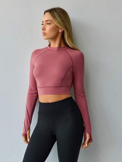 Hanevo Women Yoga Sports Elastic Quick Dry Solid Color Fitted Short Long Sleeve T-Shirt