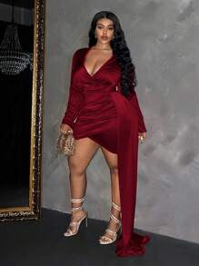 Slaydiva Plus Size Elegant V-Neck Long Sleeve Cinched Waist Dress, Autumn/Winter