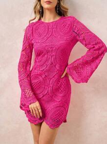 SHEIN Clasi 女装新年亮色喇叭袖短款蕾丝连衣裙情人节连衣裙春季女装红色女连衣裙 - 玫紅色 - 查看 1