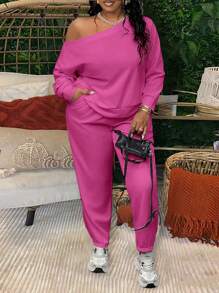 Slaydiva 2pcs Women Plus Size Basic Solid White Fitted Asymmetric Neck Top And Straight Leg Pants, Cross Rib Knit Fabric, Casual & Home Wear, Spring/Autumn