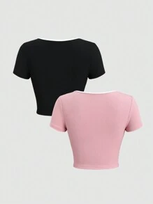 Sweetra Women's Round Neck Color Block Bowknot T-Shirt Set, Black And Pink