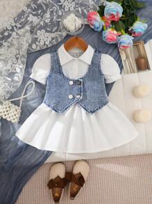 Baby Girl Front Button Sleeveless Simple Denim Vest And Dress Set
