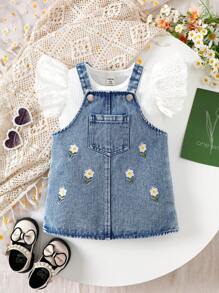 SHEIN 2pcs Baby Girls White Ribbed Top + Blue Jean Embroidered Suspender Dress With Pockets, Suitable For Outdoor