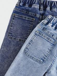 2 Pairs Toddler Boys' Fashionable Casual Academy Washed Blue Denim Elastic Waist Jeans - Multicolor - View 5