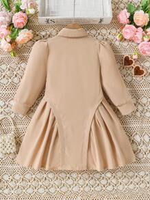 Young Girl Patchwork Pleated Colorblock Detail Long Sleeve Dress - Khaki - View 2