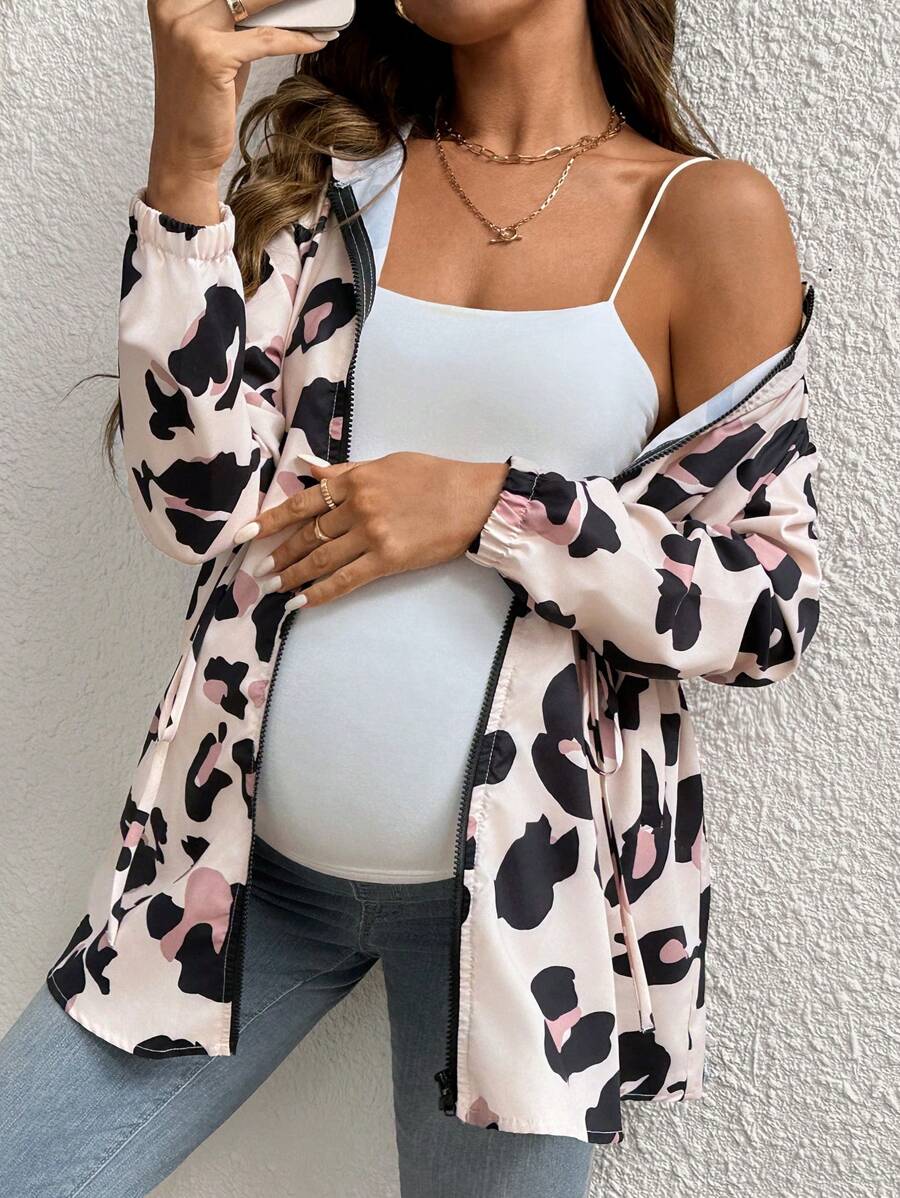 SHEIN Pregnant Women Casual Drawstring Hooded Leopard Print Jacket