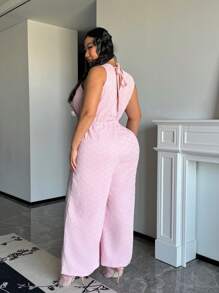 Flirla Plus Size Romantic Heart Jacquard V-Neck Tied Front Sleeveless Jumpsuit For Women, Valentine's Theme - Pink - View 2