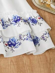 1pc Tween Girl Off-Shoulder Blue Floral Print Ruffle Hem Mid-Length Dress With Waist Rope, Spring/Summer - Blue and White - View 4