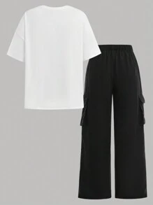 SHEIN Girlism 2 件套青少年女孩春夏字母印花针织宽松 T 恤和黑色编织工装裤休闲运动街头时尚学院风服装 - 黑與白 - 查看 2