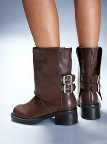 CUCCOO GRLICON Giày bốt nữ cao đến giữa bắp chân, phong cách Y2K, Punk Rock, Biker, trang phục sành điệu cho cô nàng cá tính, thích hợp cho Halloween, Giáng sinh, tiệc tùng - màu nâu - Xem 10