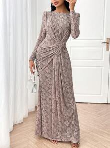 Modelyn Women's Snake Print Round Neck Long Sleeve Arabic Style Dress With Waist Ruching And Fish Tail Hem Long Evening Dresses - Apricot - View 5