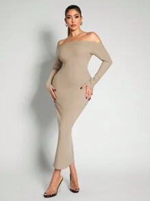 Zolique Vestido elegante de unicolor con hombros descubiertos, manga larga y ajustado para mujer - Albaricoque - Ver 6