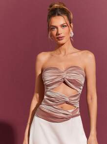 L'Amorae 优雅性感褶皱缎面扭结镂空情人节上衣，夏季女装 - 淺粉色 - 查看 3