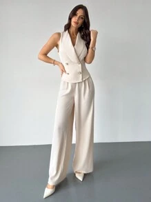 Firerie 女士春季优雅浪漫时尚办公室通勤杏色无袖上衣+宽松阔腿裤两件套，适合派对、旅行、返校、浪漫约会和婚礼生日、情人节女装 - 白色 - 查看 7