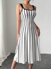 Selianne 女士休闲宽松宽肩带条纹印花黑白连衣裙 - 彩色 - 查看 4