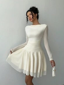 Elenzga 优雅的春夏飘逸透明派对鸡尾酒会礼服，适合正式场合 - 杏色 - 查看 6