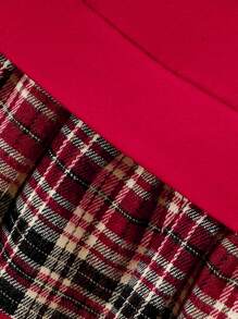 SHEIN Young Girl Casual Plaid Print Short Sleeve Dress & Round Neck Short Sleeve Knitted Plaid Skirt Hemline Dress, Suitable For Spring And Summer