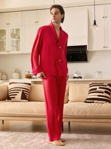 男士披肩领长袖家居服红色睡衣套装 - 酒紅色 - 查看 6