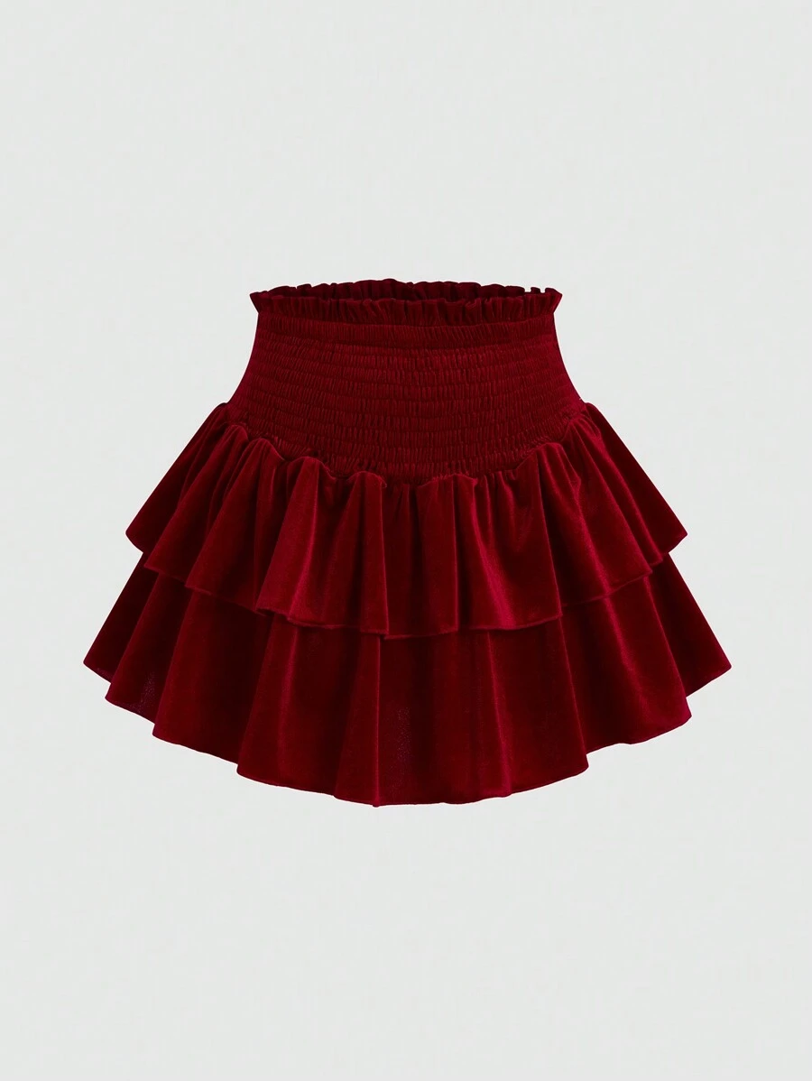 Flirla Plus Size Women A-Line Solid Color Waist Gather Red Skirt - Red - View 1