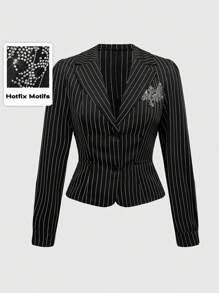ROMWE Grunge Punk Plus Size Punk Music Festival Rhinestone Skull Wing Stripe Long Sleeve Slim Woven Shirt - Black - View 6