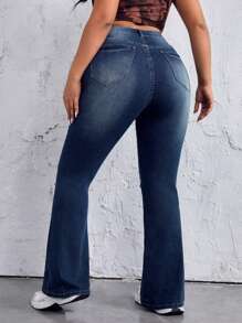SHEIN EZwear Plus Size Women Pocket Distressed Flare Jeans