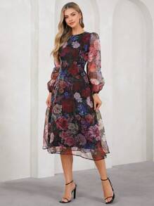 SHEIN Clasi 女士花卉印花圆领长袖休闲连衣裙，简洁优雅闪亮连衣裙