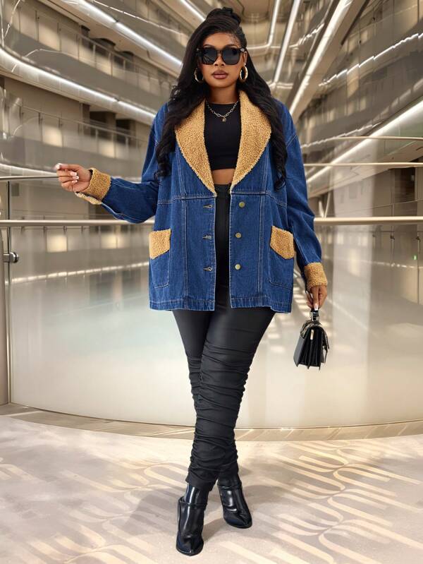 SHEIN SXY Jachetă Denim Sherpa Dimensiuni Plus Cu Guler, Casual Pentru Toamna/Iarna