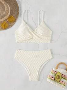 SHEIN Swim Springbreak 女式纯色纹理面料细肩带高腰两件套比基尼套装