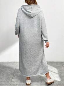 SHEIN Essnce Plus Size Women's Autumn And Winter Casual Fashion Loose Basic Long Sleeve Black Hooded Sweater Pocket Long Dress, Conservative Dress,Fall Women Clothes,Winter Women Dress