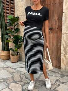 SHEIN Summer Casual 2pcs Nursing Outfit Set: Solid Color Short Sleeve Round Neck T-Shirt And Striped Printed Dress For Pregnant Women - Black and White - View 7