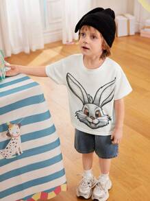 SHEIN Set de 2 piezas de camiseta de manga corta con cuello redondo y estampado de conejo, y pantalones cortos para niños pequeños, ideal para actividades al aire libre, uso diario y sesiones de fotos, para primavera/verano