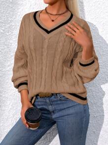 SHEIN LUNE Casual Color Block Drop Shoulder Sweater For Autumn/Winter Knit Pullover Fall Sweater - Camel - View 6