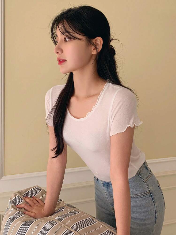 Women's Scalloped Crew Neck Frill Trim Plain T-Shirt