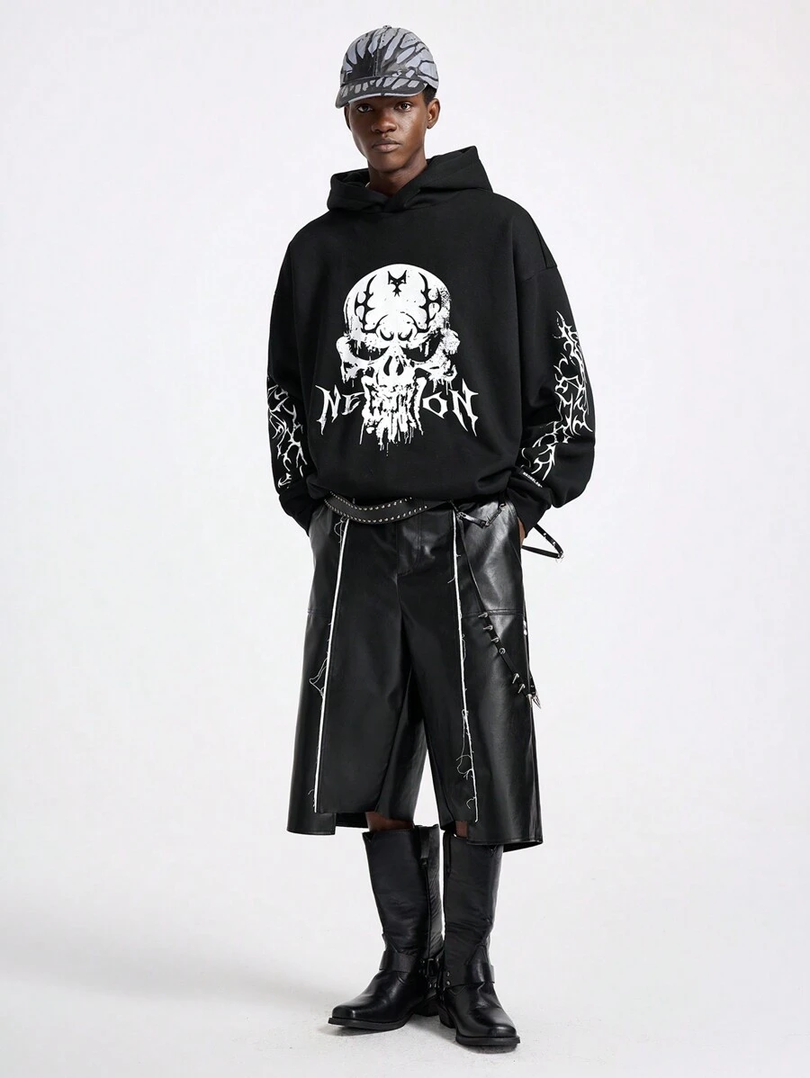 NEON BLANC Sudadera con capucha de manga larga y estampado de letras, estilo urbano para hombre, para otoño e invierno - Negro - Ver 1