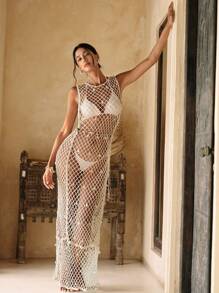 Swim Chiccia 海滩度假装女式新款夏季镂空长款圆领无袖透明钩针泳衣罩衫