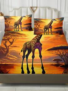 3 件套多色日落长颈鹿数码印花床上用品套装（1 床笠 + 2 个枕套，无被子）涤纶纤维柔软亲肤适合卧室，四季皆宜