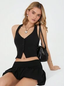 SHEIN EZwear Conjunto casual de mujer con chaleco con ata de un solo pecho y unicolor, talla grande falda plisada midi - Negro - Ver 5