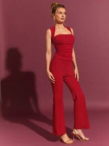 L'Amorae Draped Ruched Fitted Top Solid Color Simple Fashionable Daily - Red - View 4