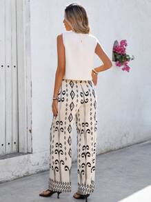 Breezaya 2pcs Solid Color Sleeveless Round Neck Shirt & Print Straight Leg Pants Casual Women's Set - Apricot - View 2